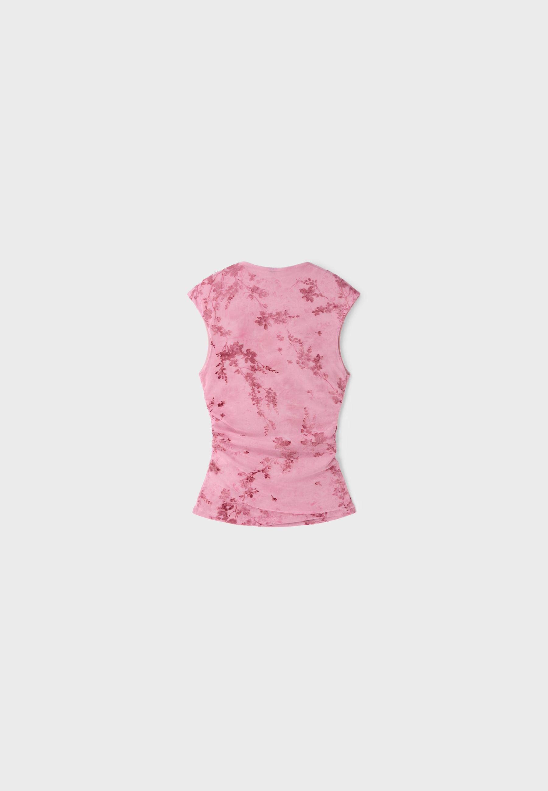 Flocked sleeveless funnel neck T-shirt — Salmon pink
