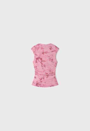 Flocked sleeveless funnel neck top — Salmon pink 8