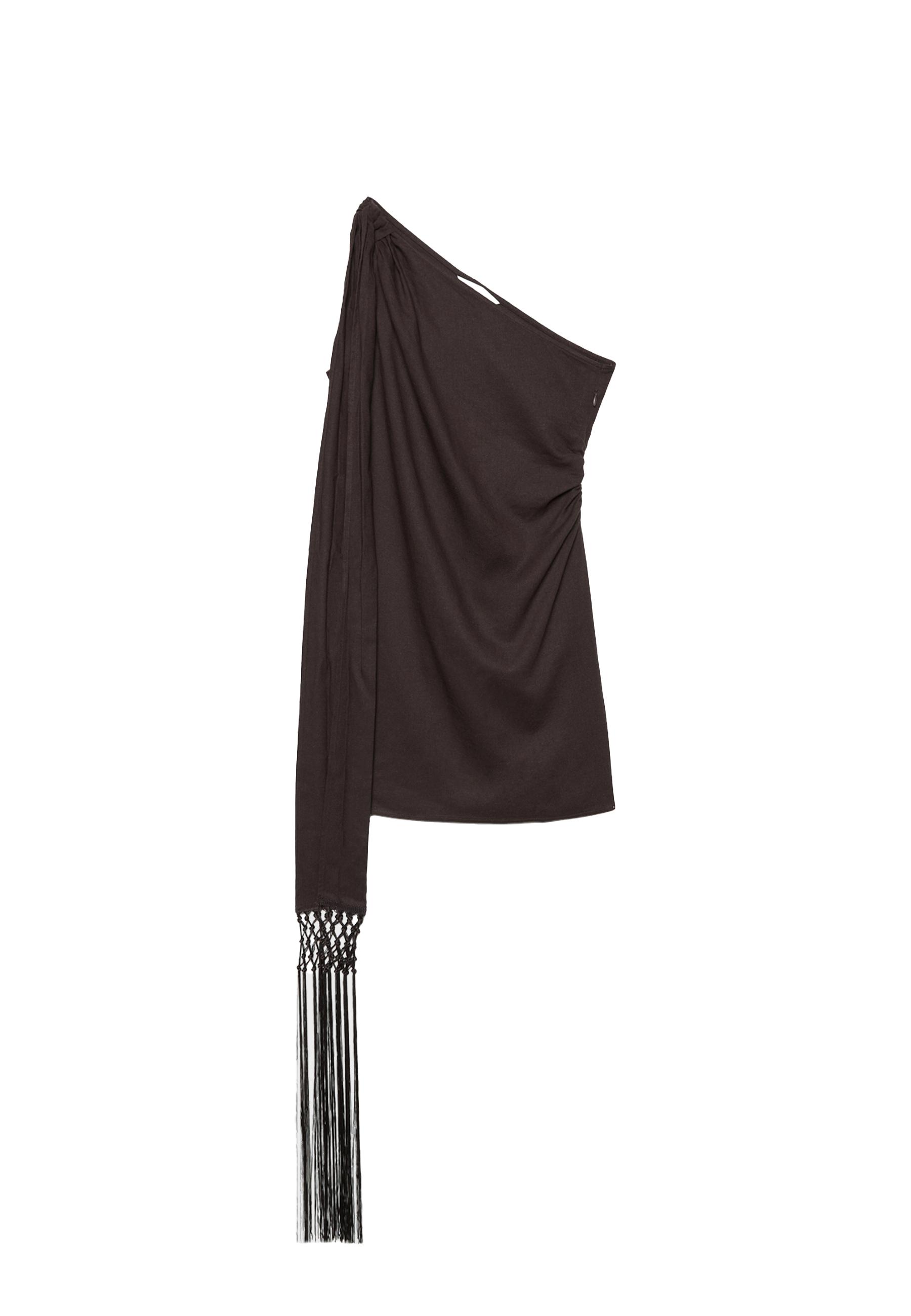 Short asymmetric dress with fringing — Brown