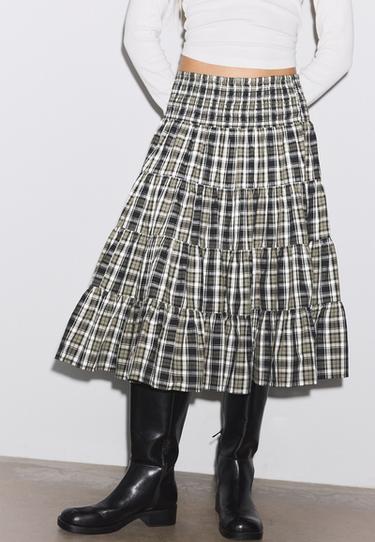 Check print midi skirt — Brown 3