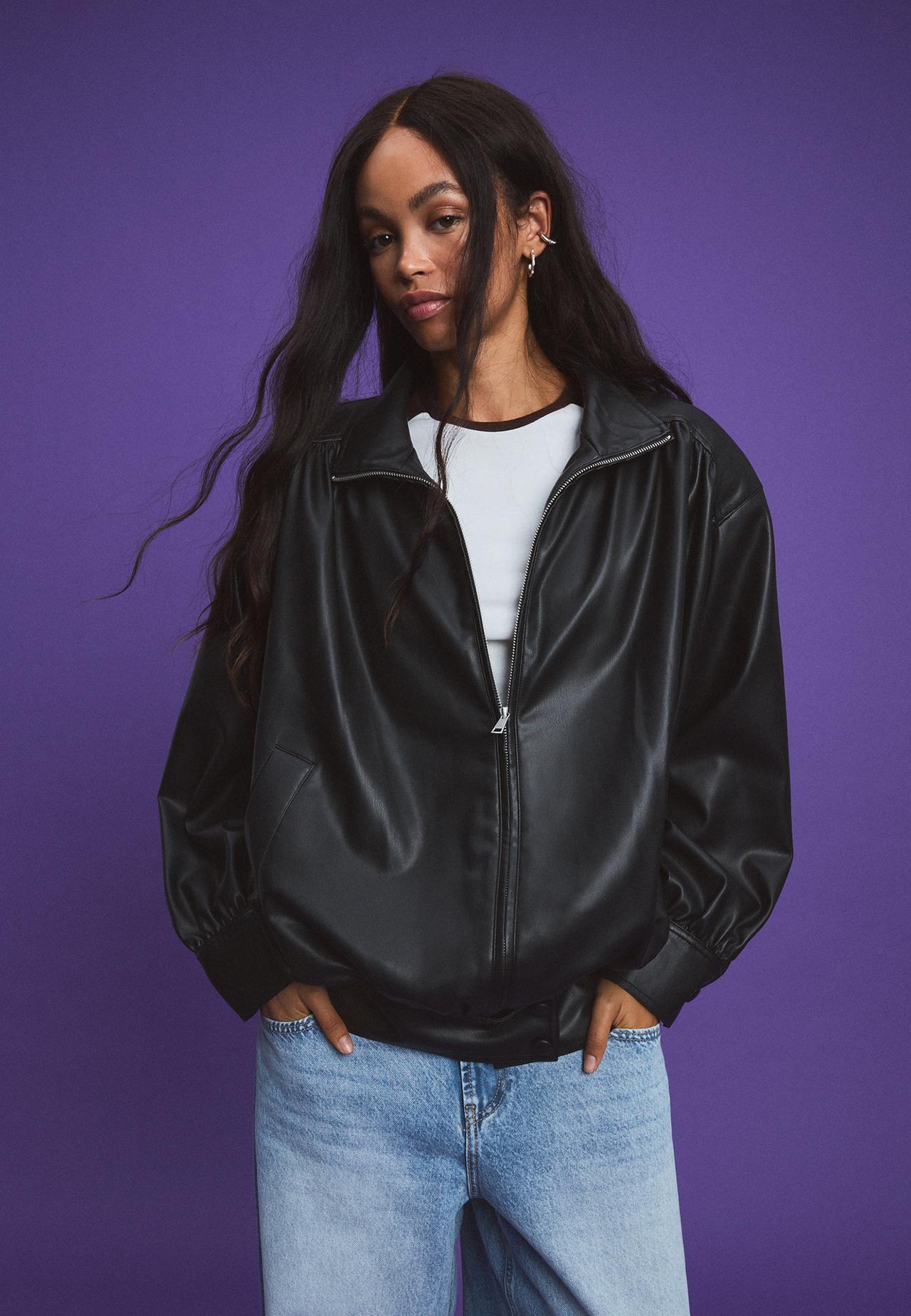 Gathered leather effect jacket — Black