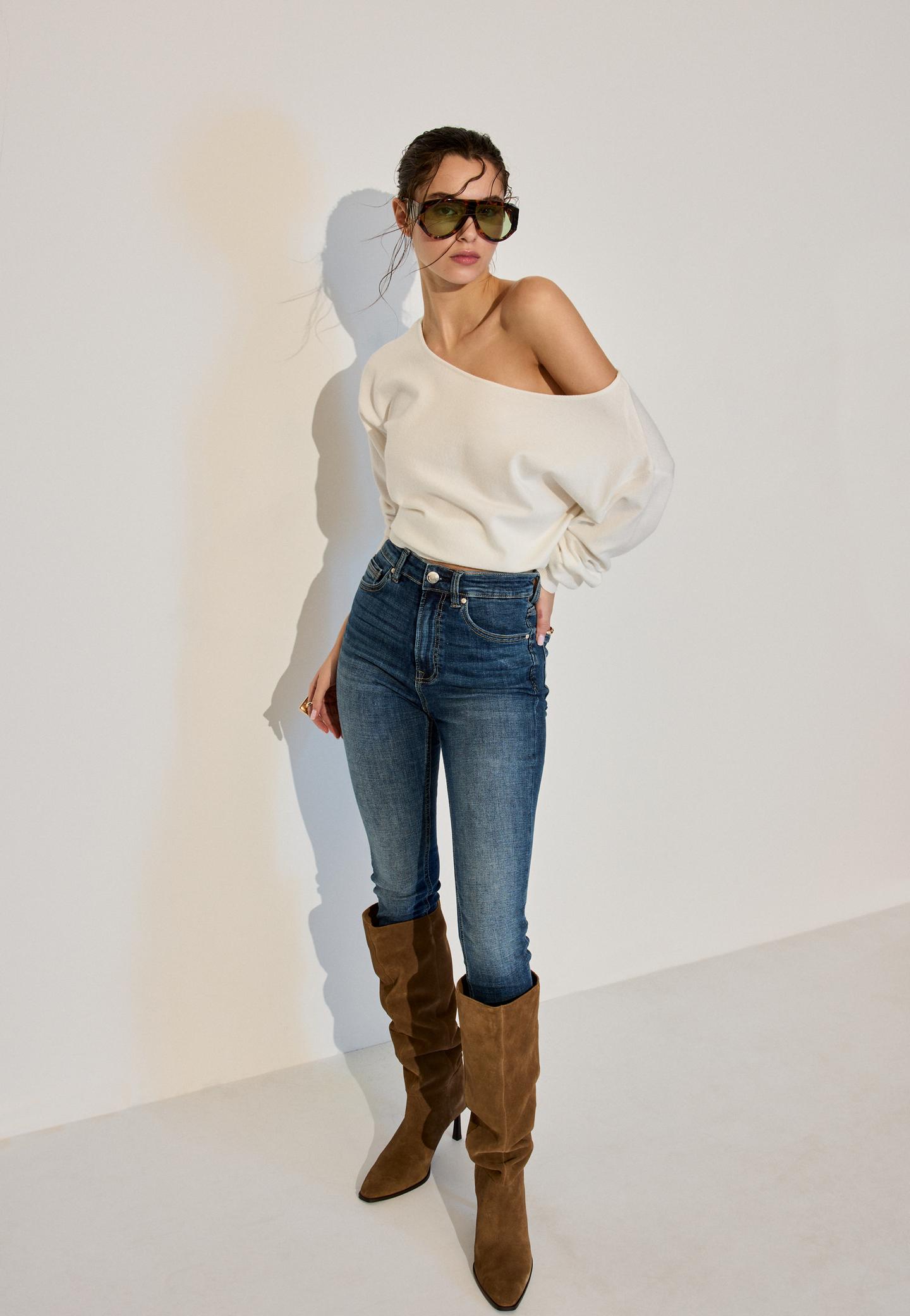 Pantaloni in jeans a vita alta con cintura da donna beige LA689