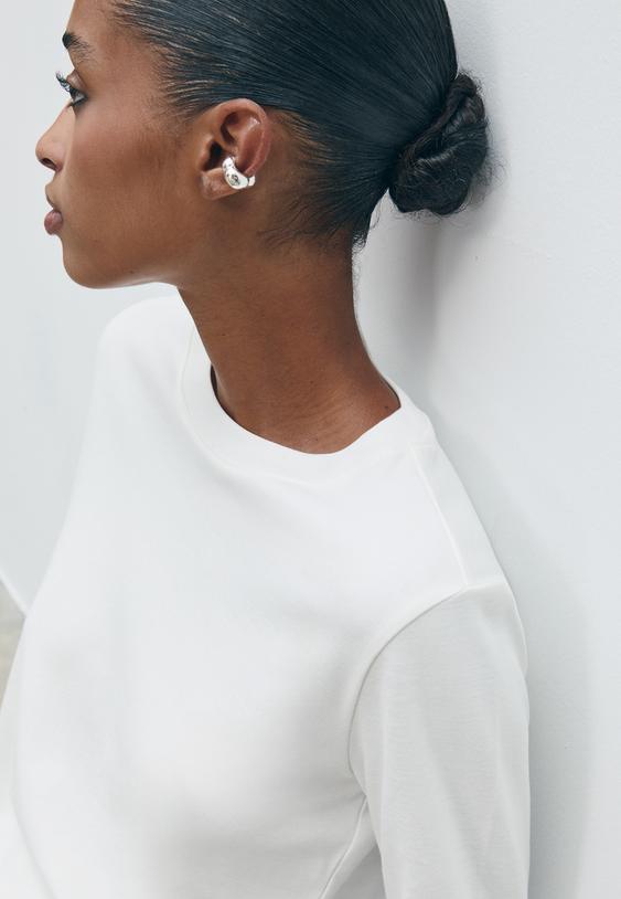 Stradivarius Βασικό Βαμβακερό Μπλουζάκι Κανονικής Γραμμής Εκρού L