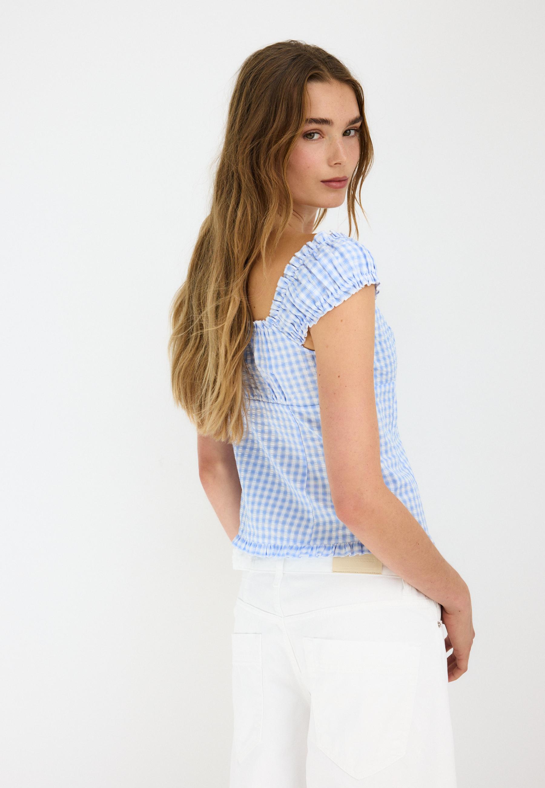 Heart neckline top with buttons — Sky blue